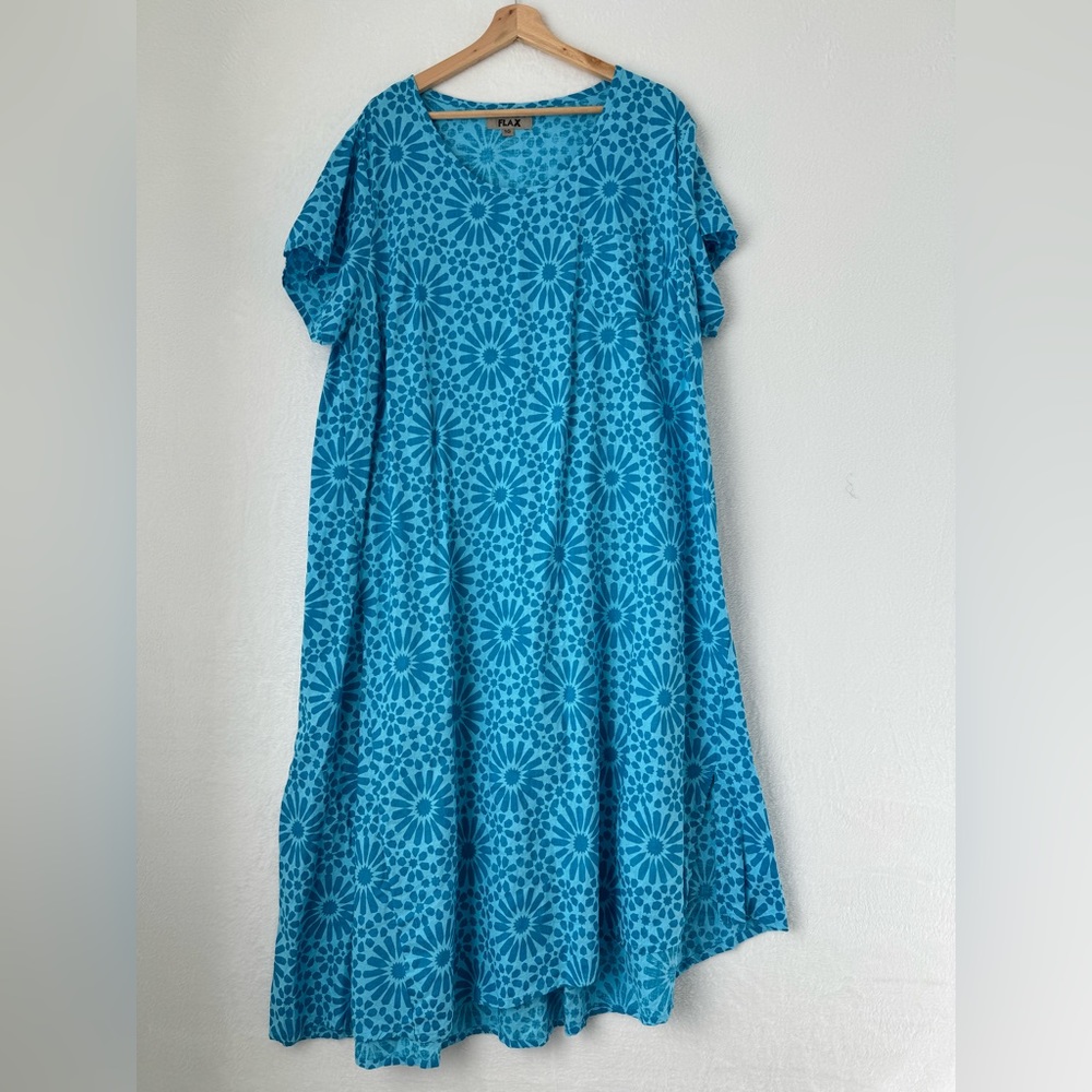 Flax womens blue pattern short sleeve linen midi dress aqua print size 1G 1X